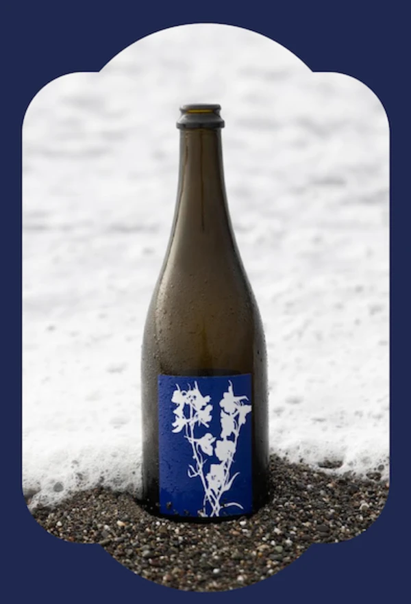 Delphinium California Crémant bottle on the beach